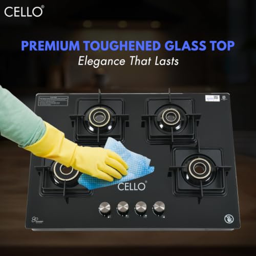 Image of Cello Classic Plus 4 Burner Gas Stove | Glass Hob Top Cooktop with Brass Burners | 8mm Toughened Glass | ISI Certified | Manual Ignition | Flame Guard Pan Supports | Premium Black
