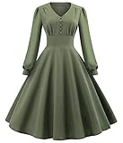 generisch JIER Damen Retro Rockabilly Kleid Langarm Knöpfen Kleid 50er Jahre Cocktailkleid Abendkleid Knielang Festliche Brautjungfernkleider V-Ausschnitt Elegent Faltenrock (Grün,XX-Large)