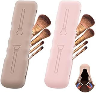 2Pack Makeup Brush Holder,Silicone Makeup Brush Case Bag Travel Soft Cute Portable Cosmetic Brushes Holders,Waterproof Makeup Brushes Organizer for Traveling with Magnetic Closure-Pink,Khaki