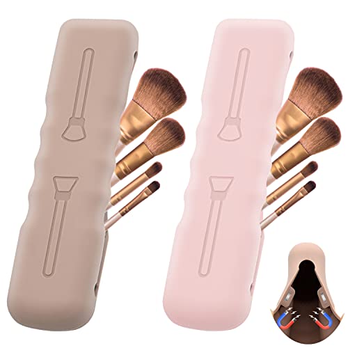 2Pack Makeup Brush Holder Travel,Silicone Makeup Brush Case Bag Cute Soft Portable Cosmetic Brushes Holders,Magnetic Closure,Waterproof Makeup Brushes Organizer For Traveling-Pink,Khaki #TOP11