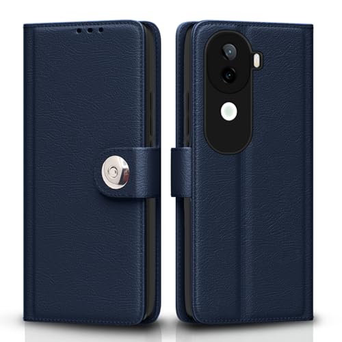 Image of Pikkme Flip Cover Leather Finish | Inside TPU with Card Pockets | Wallet Stand and Shock Proof | Complete Protection Button Flip Case for Vivo V40e 5G / iQOO Z9s 5G(Blue)