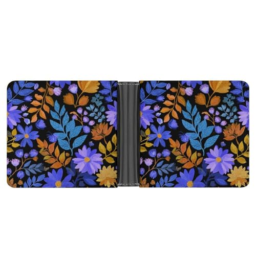 Abstract Floral Motif Blue Leaves Soft PU Leather Bifold Wallet, Coin Purse Credit Pass Case, Durable Card-Holder Slim Billfold for Men Woman Money Storage3