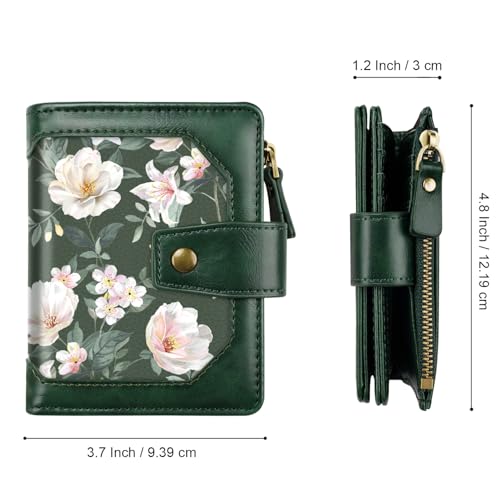 Image of Women Wallet Bifold RFID Blocking Small Credit Card Holder Leather Wallets Cards Case Ladies Purse with Zipper, Dark Green Flowers