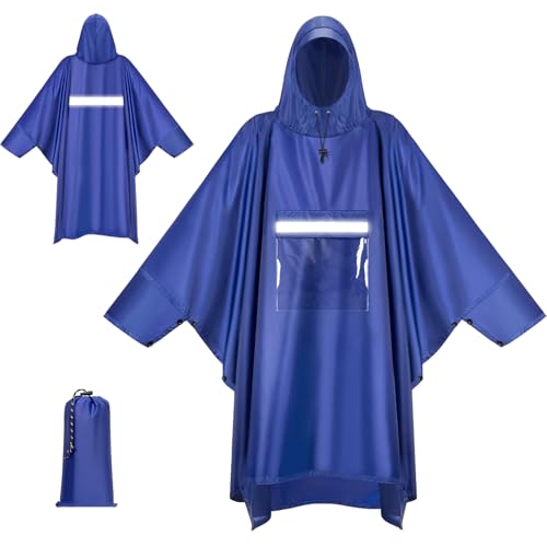 KTUEOV Poncho de Lluvia Impermeable, Ligero Chubasquero Unisex Adulto Capa lluvia Reutilizable con Capucha Multifuncional para Camping, Manta de Picnic, Trekking, Senderismo-Azul