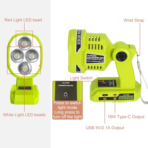 Image of Cordless LED Work Light for Ryobi One 18V Battery 1120LM LED Outdoor Spotlight Flashlight with Red&White 4 Modes, Pivoting Head for Jobsite, Handheld Spot Light for Outdoor(No Battery)