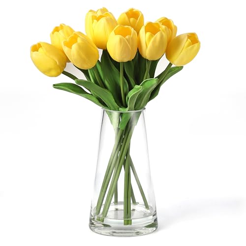 GARVEETECH 10 Pcs Real Touch Artificial Tulips - PU Fake Tulip Stems with Glass Vase, Yellow Spring Flower Arrangement for Easter, Wedding, Home, Table Centerpiece Decor