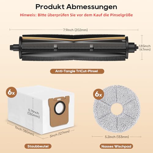 TriCut Bürste Ersatzteile für Dreame L10s Ultra/L20 Ultra/L10s Pro Ultra/L10s Ultra Gen 2 Saugrobotern, haarschneidende und verwicklungsfreie TriCut-Bürsten,1 Hauptbürste,6 Wischpads,6 Staubbeutel