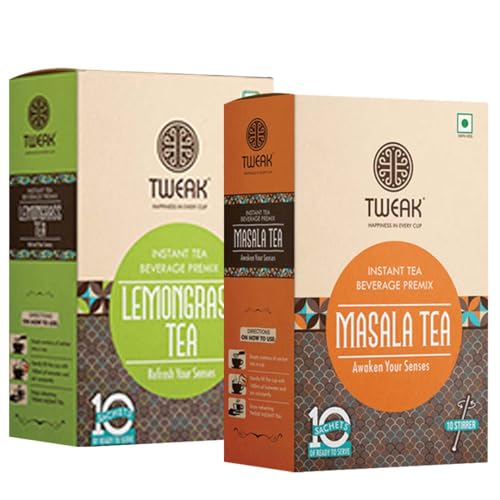 Image of Tweak Instant Tea Premix Lemongrass & Masala Tea Sachet Combo (20 Sachets) |Desi Indian Chai Tea Premix Powder | (16g X 10 Sachets in One Pack) (Pack of 2, Masala Chai + Lemongrass Chai)
