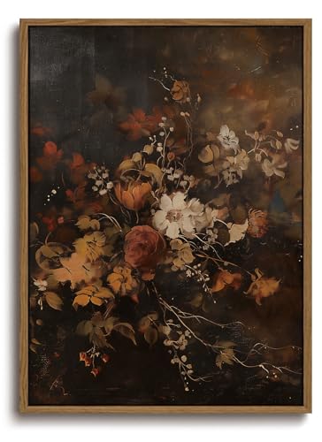 Image of KISSFOX Vintage Framed Wall Art Decor Rustic Floral Pictures Wall Decor Dark Botanical Canvas Art Prints Moody Flowers Paintings Artwork For Bedroom Living Room