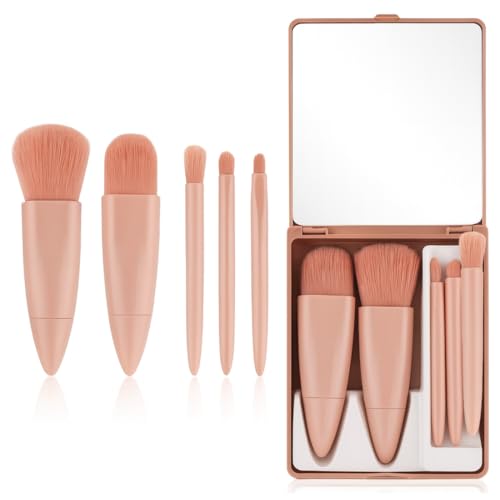 KEWUF Set Pinceles Maquillaje, 5 Pinceles Maquillaje, Set de Brochas de Maquillaje Ideal para Viajar con Espejo, Fácil de Llevar, Brochas para Colorete, Sombra de Ojos, Base y Más (7,7x10,5x2,1 cm)