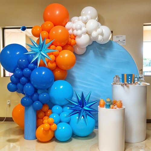 Image of Blue and Orange Balloon Arch Kit 120Pcs Light Blue White Orange Garland | Blue and Orange Balloon Arch Kit 120Pcs Light Blue White Orange Garland