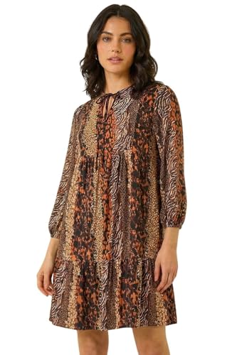 Roman Originals Smock Dress for Women UK Ladies Cotton Summer Embroidered Frilled Tiered Casual Beach Cruise Holiday Cocktail Party 3/4 Sleeve Pull On Gathered Skirt - Tan - Size 12