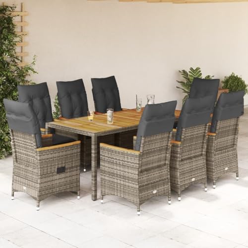 mzdioop 9-TLG - Conjunto de comedor de jardín con cojín (ratán, resistente a la intemperie, 190 x 90 x 75 cm, para terraza, balcón, exterior, relax y barbacoa), color gris
