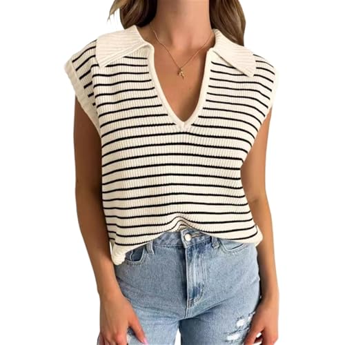 Women Summer Tank Tops Striped Sleeveless Polo V Neck Knit Sweater Vest Shirts 2024 Trendy Cute Outfits