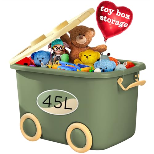 Froppi 45L Toy Box | Toy Storage with Lid | Kids Storage on Wheels | Large Size | Green | L50 W35 H30 cm
