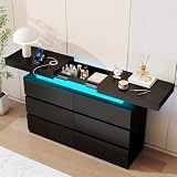 Vipbear Black Dresser for Bedroom 6 Drawer with Sliding Top LED Lights Power Outlet Modern TV Stand Double Dresser Wide Chest of Deep Drawers Storage Cabinet for Living Room,Game Room