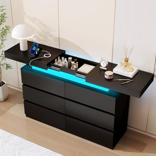 Vipbear Black Dresser for Bedroom 6 Drawer with Sliding Top LED Lights Power Outlet Modern TV Stand Double Dresser Wide Chest of Deep Drawers Storage Cabinet for Living Room Game Room