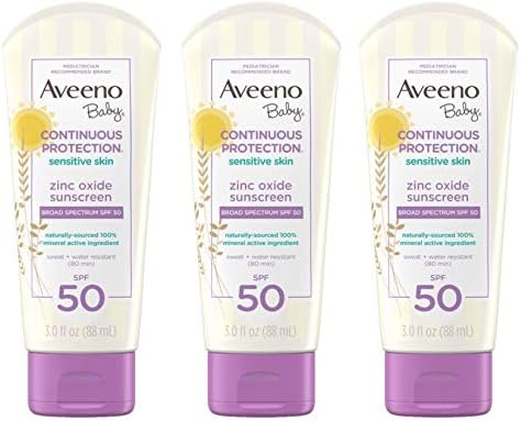 Aveeno Baby Continuous Protection Zinc Oxide Mineral Sunscreen Lotion, SPF 50, Unscented, White, 3 fl. oz (Pack of 3)