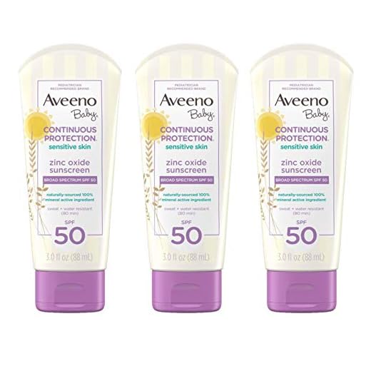 Aveeno Baby Continuous Protection Zinc Oxide Mineral Sunscreen Lotion, SPF 50, Unscented, White, 3 fl. oz (Pack of 3)