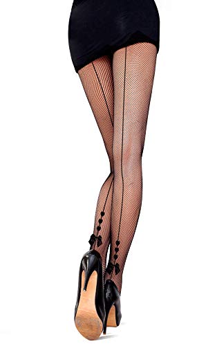 PrettyLoveHose Collant Resille Noir Effet Couture 3 Coeurs Noeud