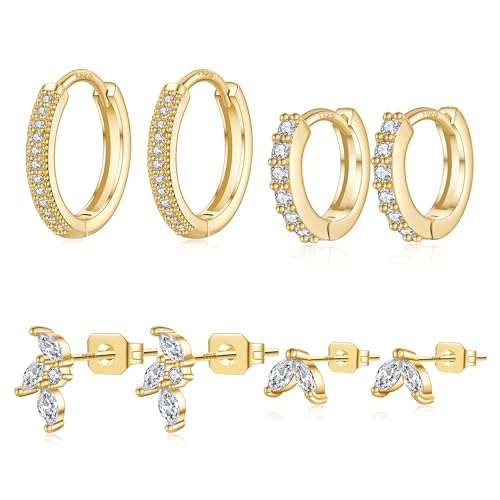 8 pcs Stack Earrings Set, 4 pairs Hypoallergenic Small Huggie Hoop Earrings, 18k Gold plated, Cubic Zirconia, Dainty Stud Earrings, Multiple Piercing, Silver posts, Trendy Jewelry for Women, Gift Box