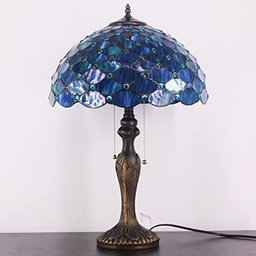 Zjart Tiffany Lamp Blue Stained Glass Peal Bead Style Reading Table Lamp W16H24 Inch Bedside Nightstand Desk Work Study Desktop Light Decor Home Kids Bedroom Living Room Office Pull Chain Switch #TOP4