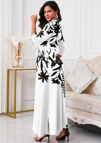 Image of Rumwind Maxi Dresses for Women, 3 /4 Sleeve Shirt Collar Casual Afircan Print Church Dress Button Down with Belt and Pockets