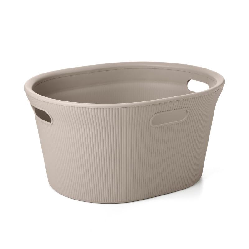 Image of Superio Ribbed Collection - Decorative Plastic Laundry Basket with Cut-Out Handles, Taupe (2 Pack) Hamper Organzier for Bedroom Bathroom College Dorm Room 35 Liter