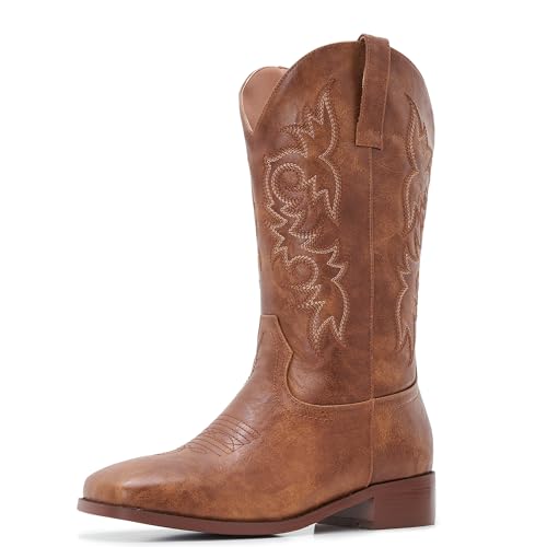 Image of Cowgirl Boots Square Toe Cowboy Boots For Women Ladies Mid Calf Low Heel Flat