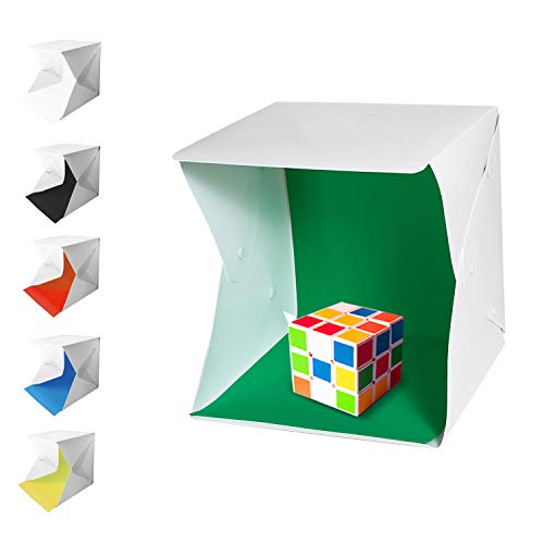 Tumax Caja de Fotografía Caja de Luz Portátil 20x 20 cm con Fotográfico con Tira de 2 LED y 6 Fondos