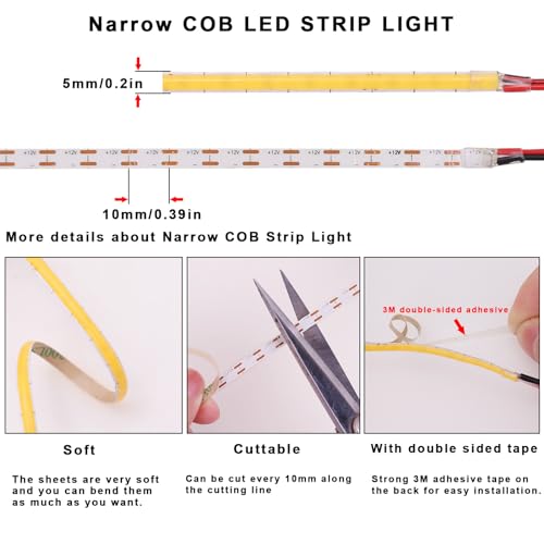 Image of TOPAI 12V 5mm Dotless COB LED Strip 16.4ft 2700K Warm White Cabinet Light | Ultra Thin Tape Lights, CRI>90 400 LEDs /M, No Dark Spots, Flexible Cuttable, Self Adhesive Easy Install