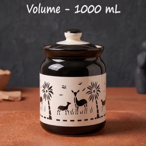 Image of D'Maiolica Ceramic Pickle Kitchen Jars in 1000ml | HandCrafted 1 kg Achaar Martban Barni | Ceramic Storage Containers | Jars for Achar, Spices, Salt (set of 2) (Safari Artisan Black)