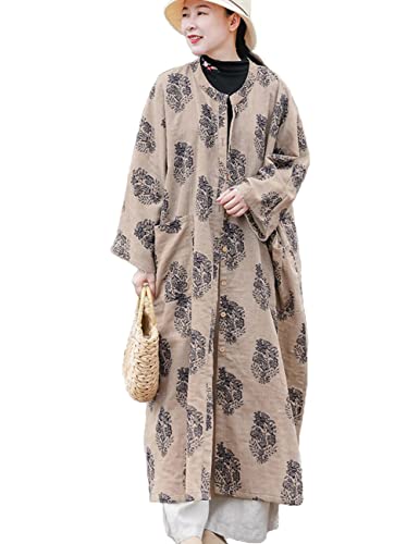 Luzu Junu Women's Trench Coat Floral Print Long Jacket Cotton Linen Vintage Outwear (As1, Alpha, One_Size, Regular, Regular, Floral, One Size) #TOP1