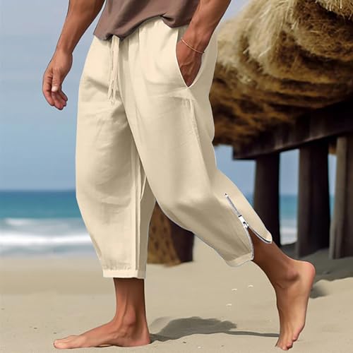 Capris for Men Casual Side Split Linen Pants Basic Fit Summer Beach Pants Elastic Waist Cropped Sweatpants Pant2