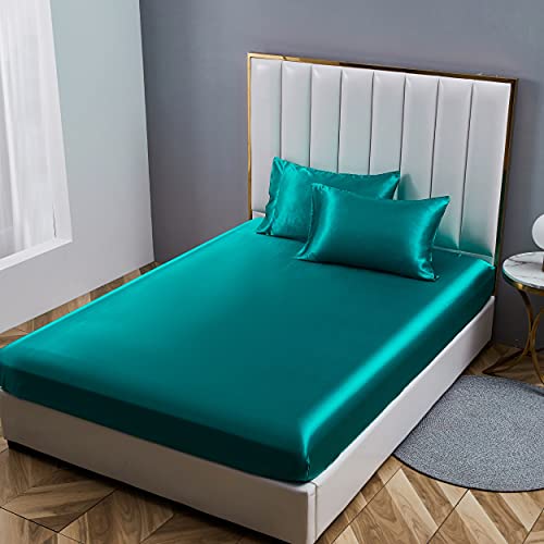 Damier Sábana bajera ajustable de 90 x 200 cm, color turquesa, satinado, seda brillante, de un solo color, adecuada para colchones de hasta 25 cm