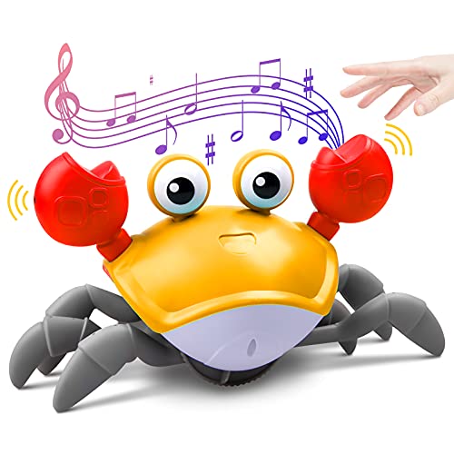 Image of DZHJKIO Crawling Crab Baby Toy with Music and LED Light Up for Kids, Toddler Interactive Learning Development Toy with Automatically Avoid Obstacles, Build in Rechargeable Battery (Yellow)