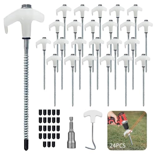 Lot de 24 Piquet De Tente a Visser,Piquets De Tente en Acier avec Filetage Et Support De Corde,Ancrages Au Sol à Visser Accessoires pour Tente,Piquet Auvent pour Le Camping pour Sol Dur et Bois