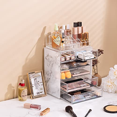 Image of Sorbus Acrylic Makeup Organizer Set, 6-Drawer Vanity & Countertop Cosmetic Storage with Small & Wide Compartments, Marble Print Makeup Storage for Brushes, Jewelry - Holiday Gift for Women & Teens