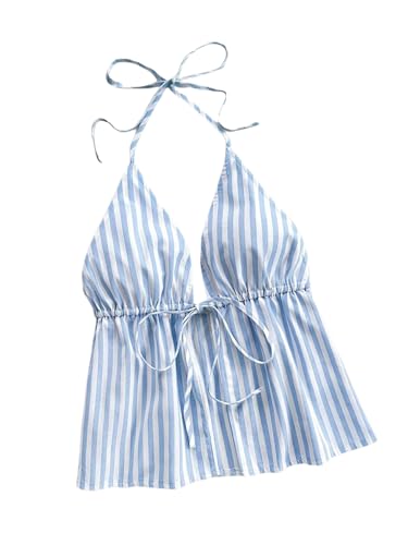 Image of Floerns Women's Striped Sleeveless Halter Tops Cute Tie Front Split Hem Camisole