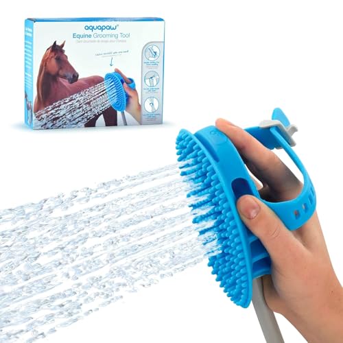 Aquapaw 5-in-1 Horse & Dog Bath Brush & Curry Comb – XL Blue Silicone – Includes 3-ft Shower Hose Attachment & Adapter – Adjustable Spray Scrub Massager – Great for Horses & Big Dogs