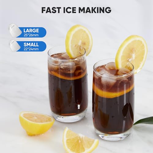 DUMOS Portable Ice Maker for Countertop, 26.5lbs/Day, Fast Ice Making in 6 Mins, 9 Bullet Ice Cubes, 2 Ice Sizes, Self-Cleaning Quiet Compact Ice Machine for Home, Kitchen, White