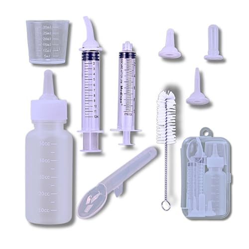 Newborn Kitten & Puppy Feeding Kit, 50ml Nursing Bottle & Syringe Set with Soft Silicone Nipples, Oral Dosing Syringe & Medicine Dispenser, BPA-Free Nursing Supplies for Cats, Dogs, Rabbits, Squirrels