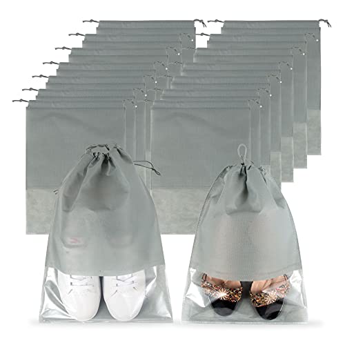 LANXIN 18PCS Shoe Bags for Travel - [Fits All Shoes][Waterproof/Dust proof] Transparent Drawstring Travel Shoe Bag for Storage, Travel Accessories Essentials for Women/Men(Grey)