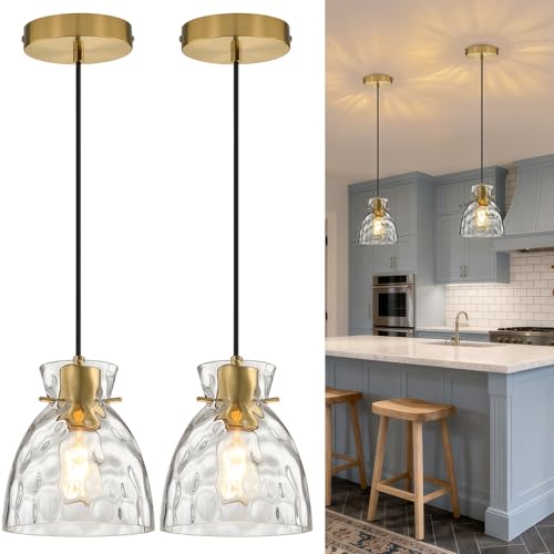 Black Gold Pendant Lights Kitchen Island 2 Pack, 5.9" Small Mini Brushed Brass Hammered Glass Pendant Light Fixtures, Modern Hanging Lights Kitchen Pendant Lighting over Sink Bathroom Dining Room