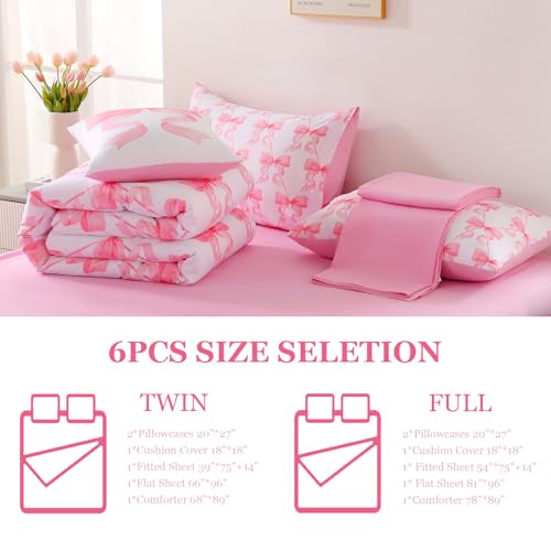 Image of DORCAS Bow Comforter Set Full Bed in A Bag for Girls,6 Pieces Pink Bow Bedding Sets with Sheets for Kids