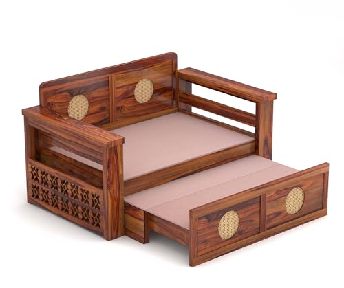 Image of ALATERRE HOME FURNITURE Solid Sheesham Wood Two Seater Sofa Cums Bed with Cane Design Panels | 2-in-1 Wooden Daybed with Cushion & Storage Drawers (Honey Finish)