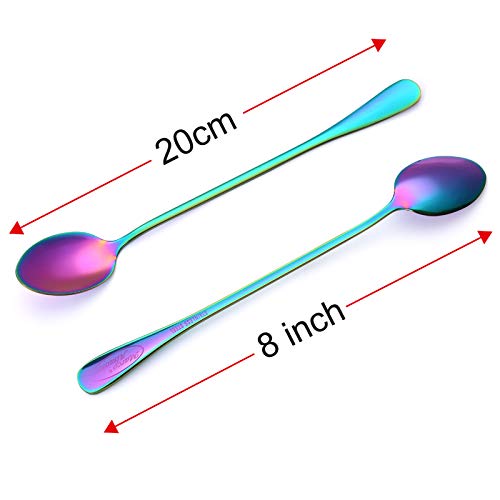 Marco Almond® Rainbow Titanium Long Handle Spoons, Colorful Plated Latte Spoon, Stainless Steel Ice Cream Spoon, Iced Tea Spoon,Cocktail Stirring,Tea, Coffee, Milkshake Dessert Spoons, Pack Of 8 #TOP1
