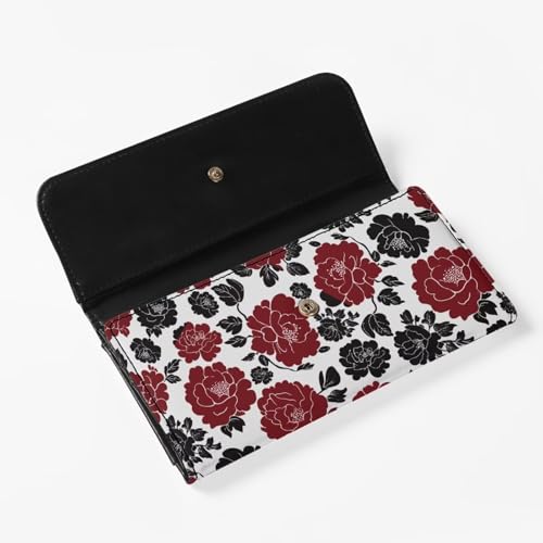 Red Camellia Flowers Slim Clutch Wallets for Women Billfold Wallets Purse, Drawing Floral Money Organizer PU Leather Credit Card Holder with ID Window4
