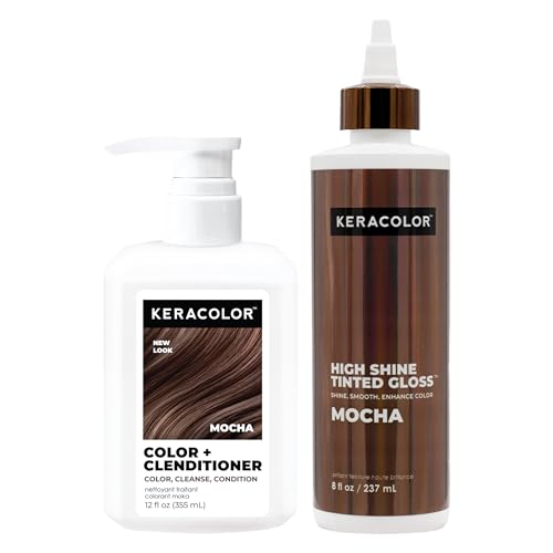 Keracolor Color + Clenditioner & High Shine Tinted Gloss Bundle, Mocha, Color-Depositing Conditioner & In-Shower Hair Glaze, Keratin-Infused Hair Color Care Set, 12 Fl Oz & 8 Fl Oz
