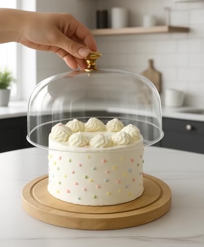 Image of Wooden Cake Display Plate - Single Stand for Showcasing Cakes and Cupcakes | Clear Acrylic Dome Lid, Cake Display Server Tray for Kitchen, Round Cake Cutting Holder